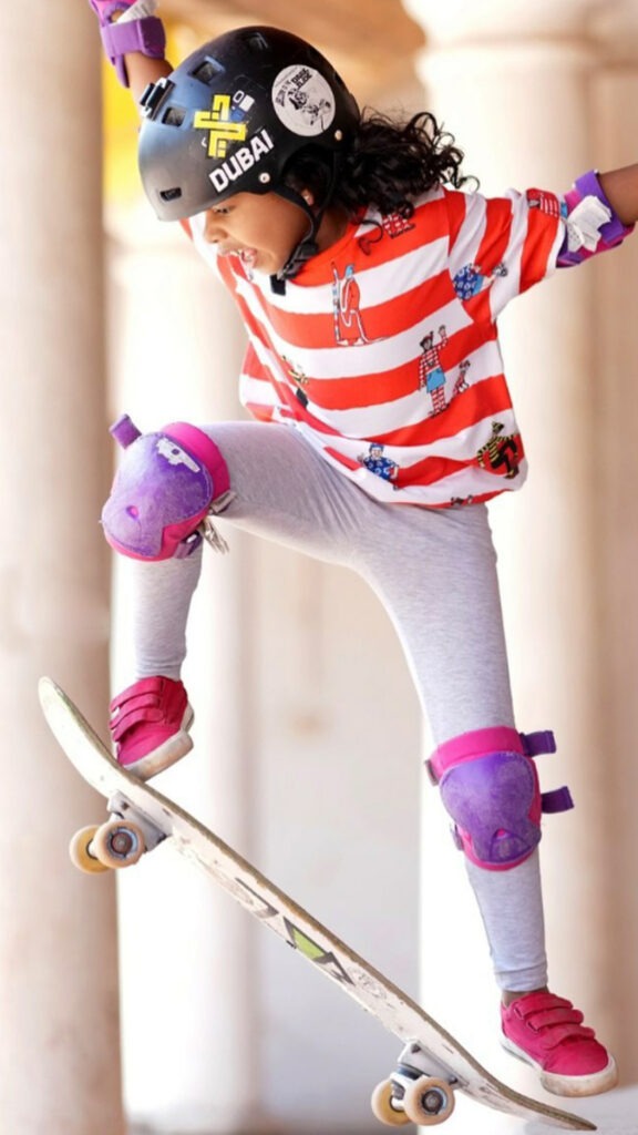Student of cyboard school is riding a skateboard